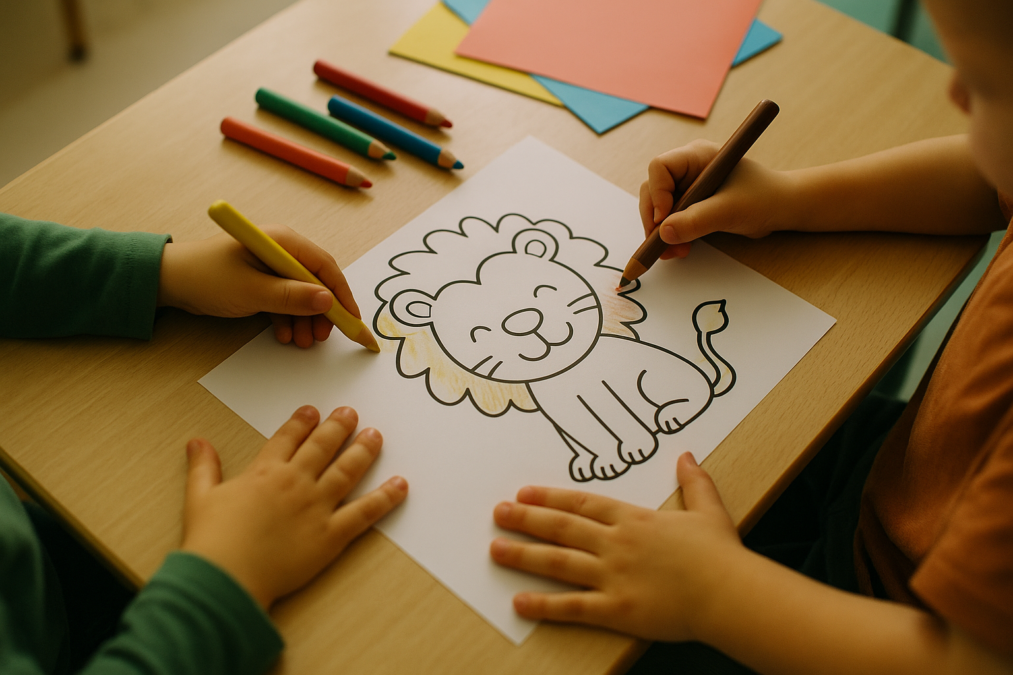 Kinderhände malen an einem Kita-Tisch eine gedruckte Vorlage aus