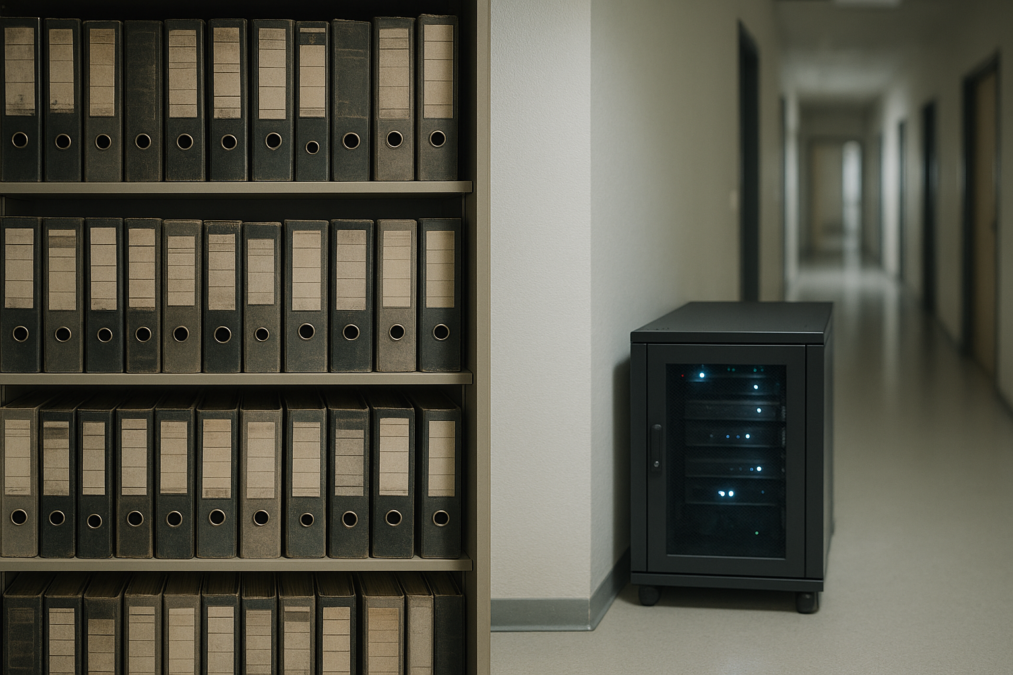 Aktenordner im Regal neben einem kleinen Serverschrank im Büroflur