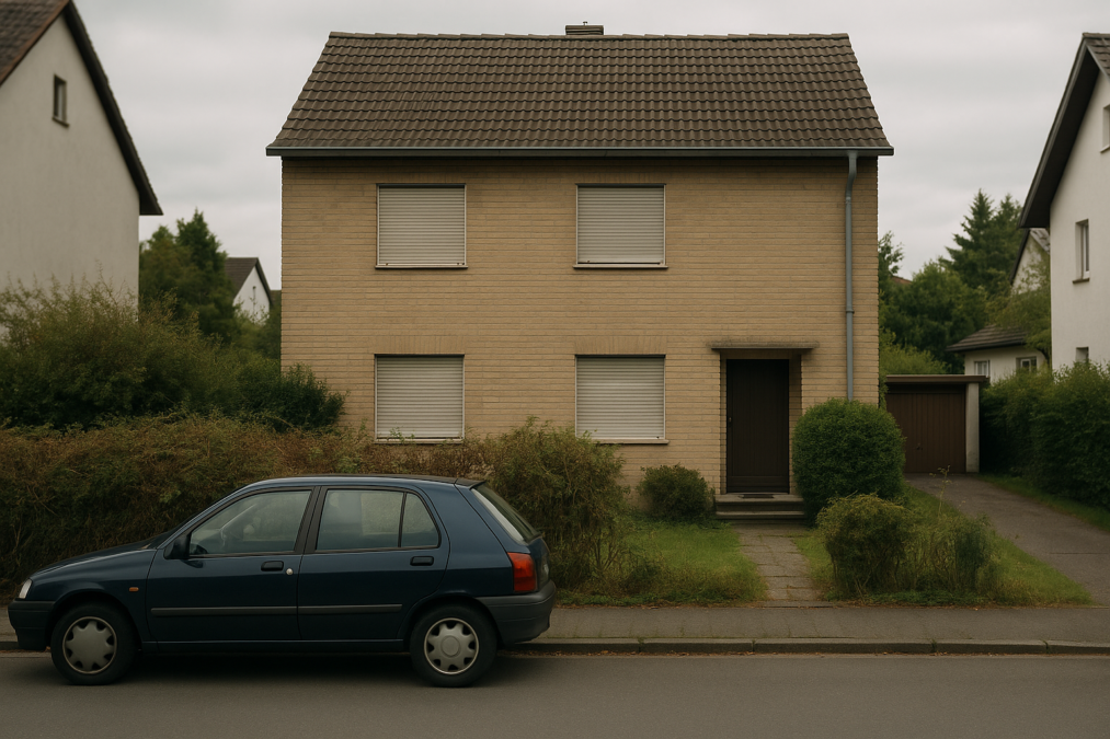 Älteres Einfamilienhaus mit Vorgarten und geschlossenen Rollläden in einer Wohnstraße