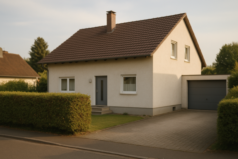 Freistehendes Einfamilienhaus in einer Wohnstraße bei Nachmittagslicht