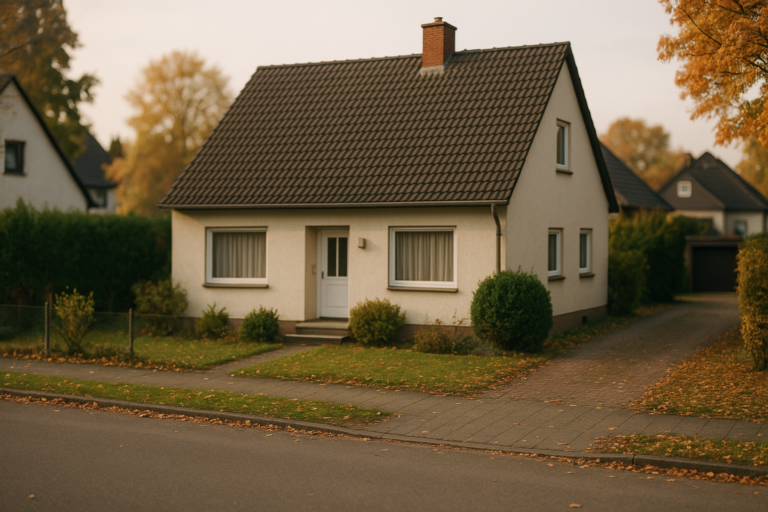 Einfamilienhaus mit Vorgarten in einer Wohnstraße am späten Nachmittag